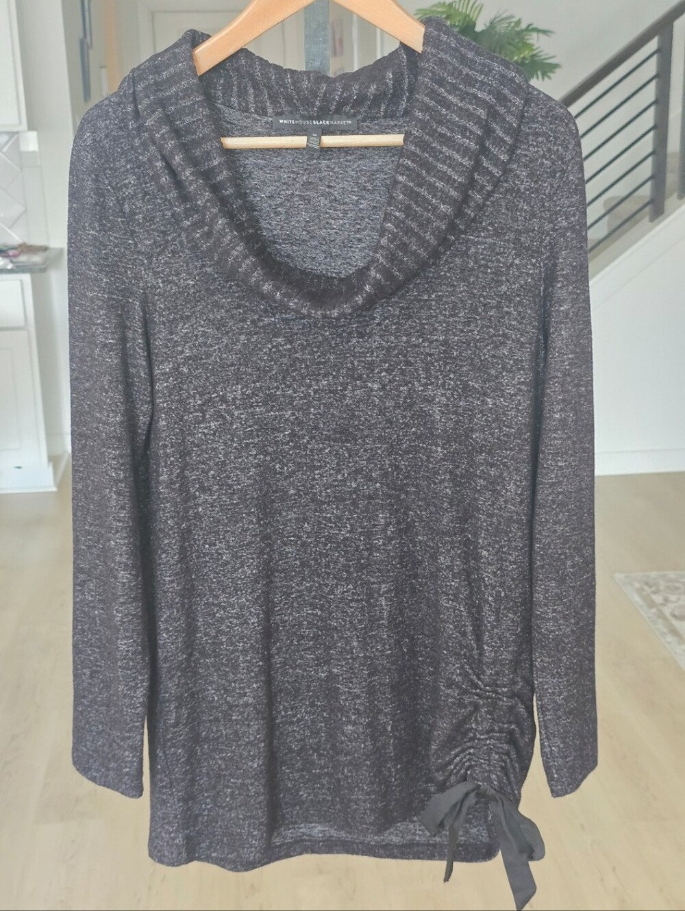White House Black Market Womens Medium Cowl Neck Tunic Top Gray Ruched Tie Knit